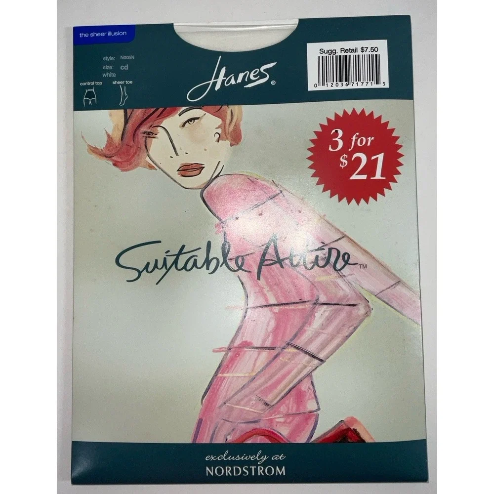 NIP Lot 5 Pairs Hanes Suitable Attire Sheer Illusion Control Pantyhose White C/D